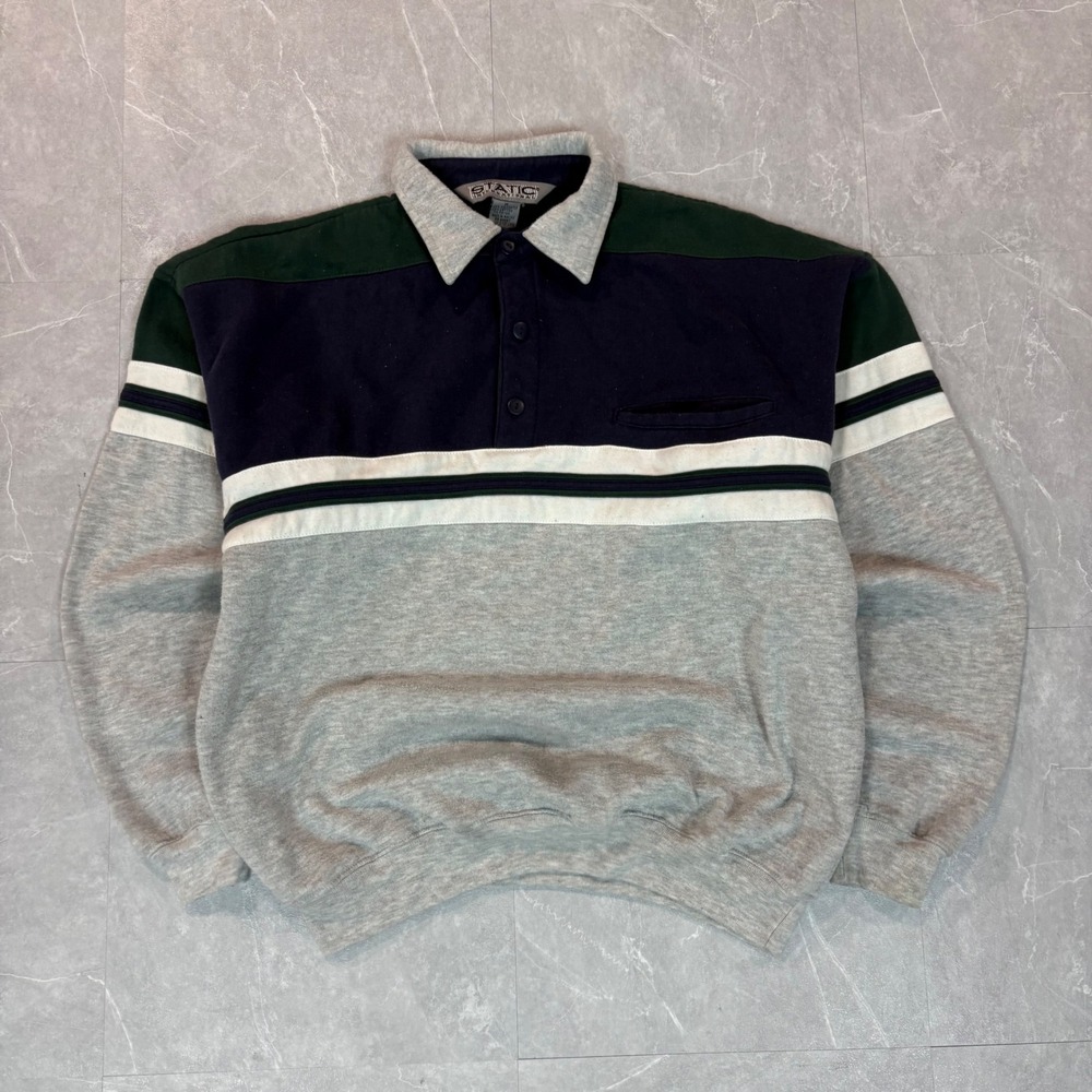Vintage Static International Mens Colorblock Polo Sweatshirt Navy Green Grey M